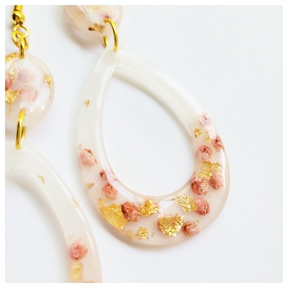 Statement Earrings Gold and Blush Pink Floral Milk Bath Handmade Teardrop Dangle - Picture 5 of 12